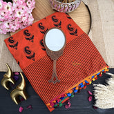 Vriksham Orange Printed Cotton Mulmul Saree With Pom Pom Lace-VS4436